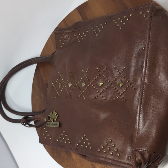 LUCKY BRAND Lg Tote Shopper Bag Brown Genuine Studded Leather - Picture 1 of 8